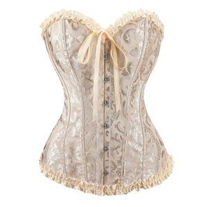 Corset Bustier Shapewear Lingerie Lace Tied Top Cream Satin Ruffle Trim Size M